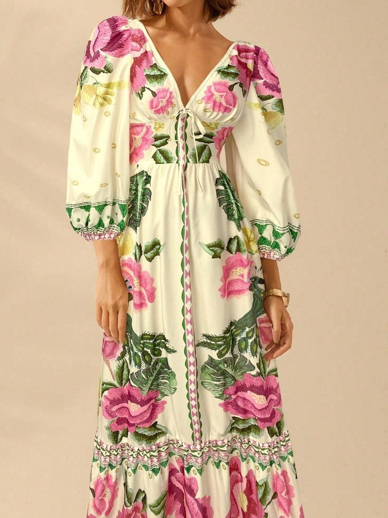 Multicolor Boho Women's Tropical Floral V-Neck Long Sleeve A-Line Vacation Dress